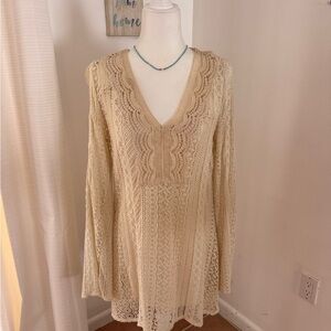 Guess Beige Lace V-Neck Mini Dress